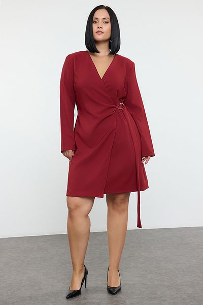 Trendyol Curve Burgundy Double Breasted Mini Jacket Dress with Metal Buckle - Plus Size Tbbaw25Ah00057