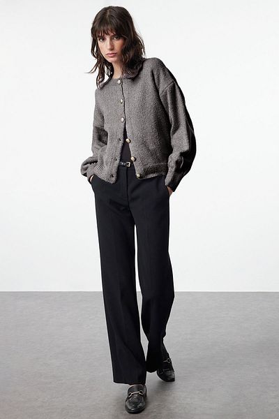 Trendyol Collection Anthracite Boucle Knitwear Cardigan Twoaw25Hi00147