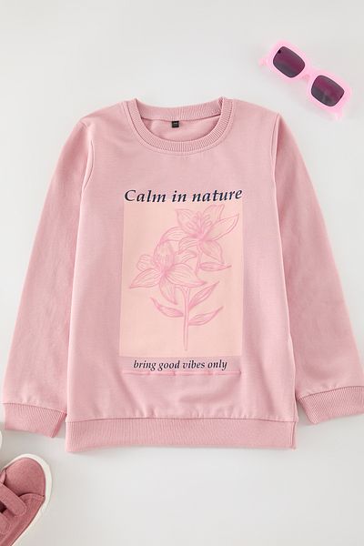 TRENDYOLKIDS Salmon Girl's Printed Knitted Sweatshirt Tkdaw25Sw00043