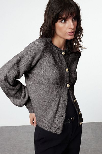 Trendyol Collection Anthracite Boucle Knitwear Cardigan Twoaw25Hi00147