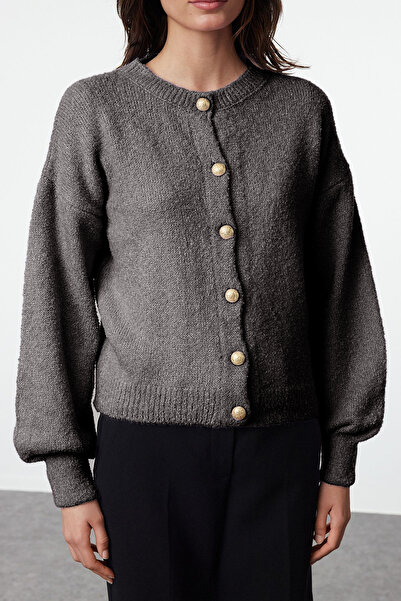 Trendyol Collection Anthracite Button Detailed Soft Textured Knitwear Cardigan Twoaw25Hi00147