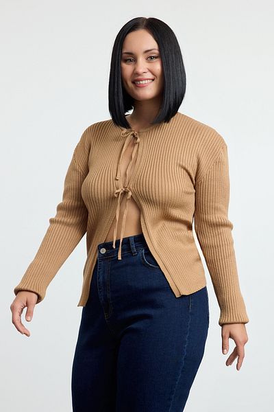 Trendyol Curve Gerippter brauner Strick-Cardigan – Soft-Key TBBAW25AV00019