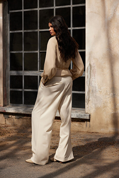 Trendyol Modest Beżowe plisowane spodnie tkane - X Ai Tctaw25Tp00000