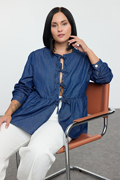 Trendyol Curve Sötétkék elülső nyakkendő részletes nagyméretű farmer ing TBBAW25AX00017