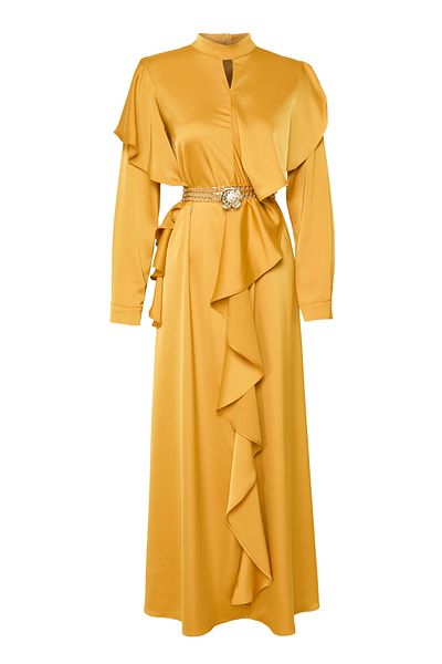 Trendyol Modest X AI μουστάρδα βολάν σατέν φόρεμα TCTAW25EB00136