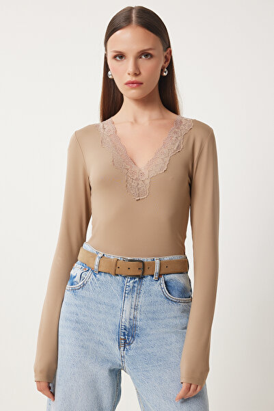 Happiness İstanbul Dámská norková krajka s výstřihem do V Cv00037