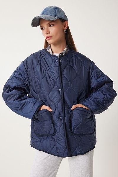 Happiness İstanbul Marineblauer Oversize-Steppmantel mit Taschen für Damen DZ00098