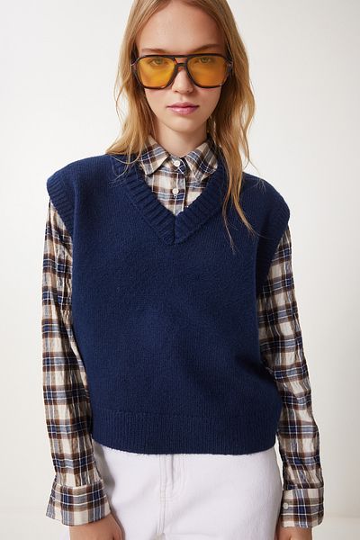 Happiness İstanbul Marineblauer Strickpullover mit V-Ausschnitt für Damen PF00099