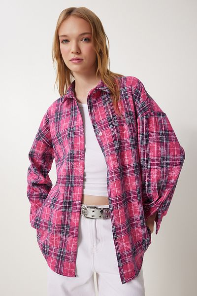 Happiness İstanbul Women's Dark Pink Checked Jacquard Ribbed Woven Shirt To00155