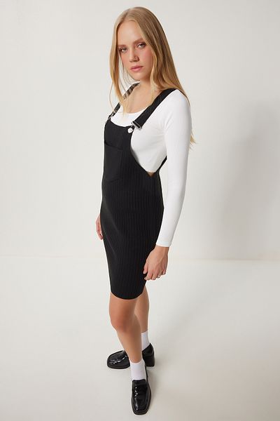 Happiness İstanbul Women's Black Wide Pocket Corded Knitwear Salopet CI00112