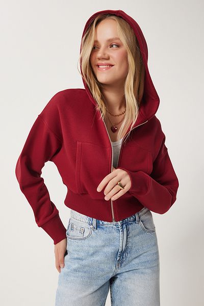 Happiness İstanbul Burgunderrotes Damen-Sweatshirt mit Kapuze – Reißverschluss OW00051