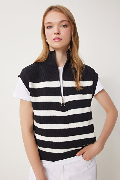 Happiness İstanbul Dámský černý proužkovaný pletený svetr s límečkem na zip Us00944