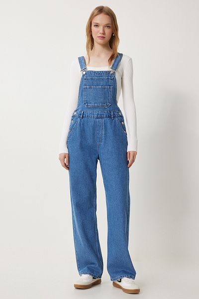 Happiness İstanbul Blauer Denim-Gärtner-Overall mit breiter Tasche für Damen RI00002