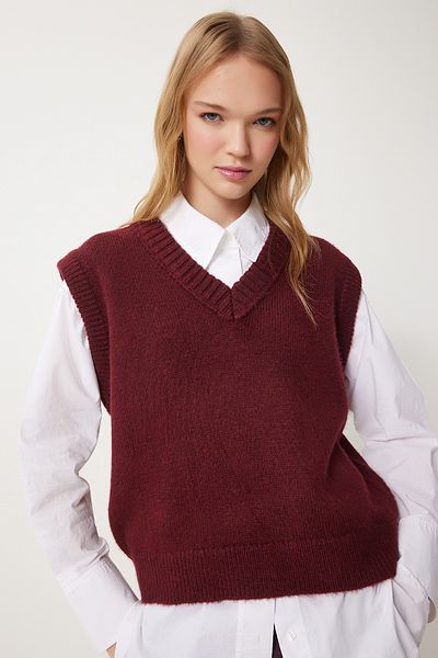 Happiness İstanbul Women's Burgundy V-Neck Knitwear Sweater Pf00099