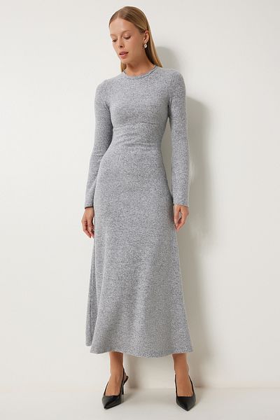 Happiness İstanbul Dámské Šedé Melange Crew Neck Saran Wool Knited Dres Rg00043