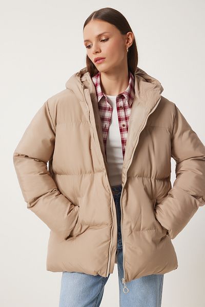 Happiness İstanbul Übergroßer Puffermantel mit Kapuze für Damen in Beige CI00050