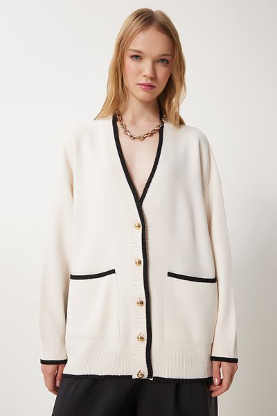 Happiness İstanbul Women's Cream Contrast Colored Long Knitwear Cardigan Us00934