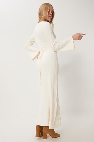 Happiness İstanbul Women's Bone Belted Corded Long Knitwear Dress Kİ00108