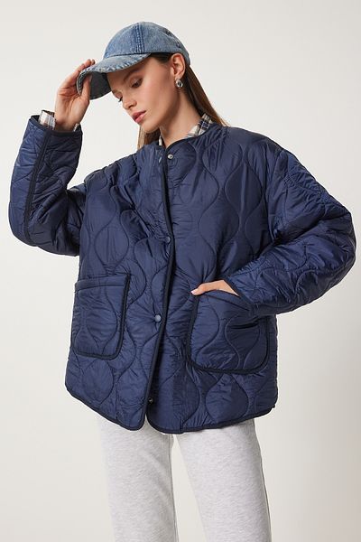 Happiness İstanbul Marineblauer Oversize-Steppmantel mit Taschen für Damen DZ00098