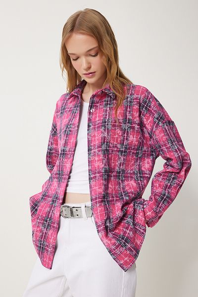 Happiness İstanbul Women's Dark Pink Checked Jacquard Ribbed Woven Shirt To00155