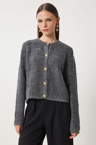 Happiness İstanbul Anthrazitfarbene Bouclé-Strickjacke für Damen, Cardigan YY00117