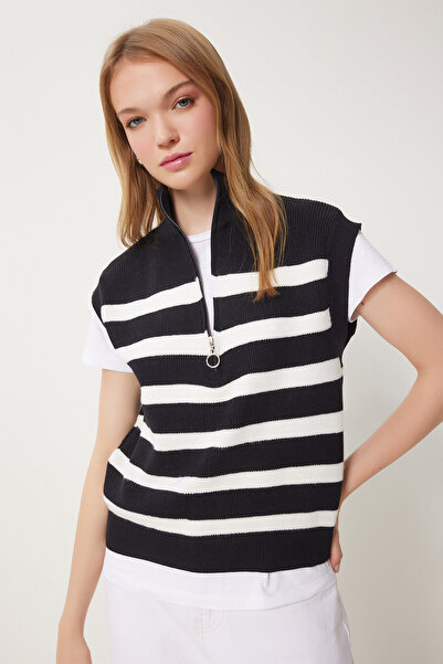 Happiness İstanbul Dámský černý proužkovaný pletený svetr s límečkem na zip Us00944