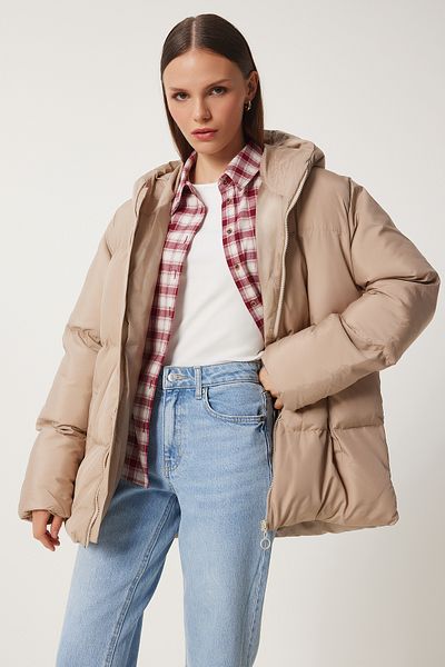 Happiness İstanbul Übergroßer Puffermantel mit Kapuze für Damen in Beige CI00050