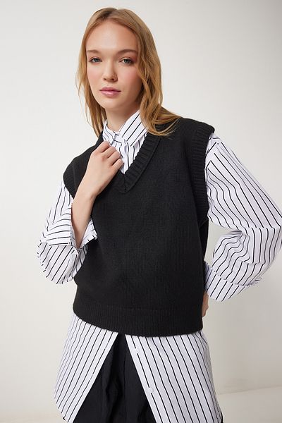 Happiness İstanbul Women's Black V-Neck Knitwear Sweater Pf00099