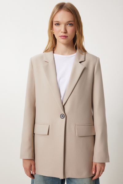 Happiness İstanbul Women's Beige Padded Woven Blazer Jacket Hl00005