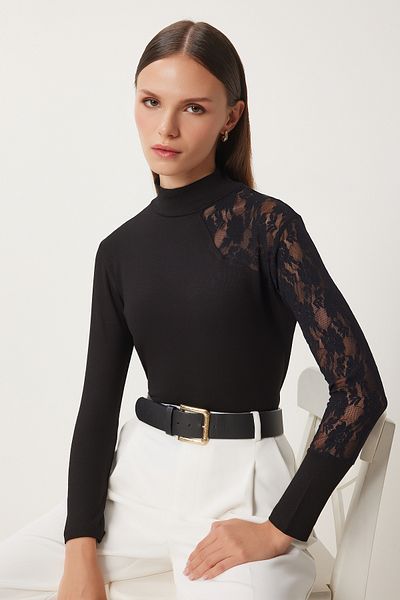 Happiness İstanbul Women's Black Turtleneck Lace Ribbed Knitted Blouse En00627