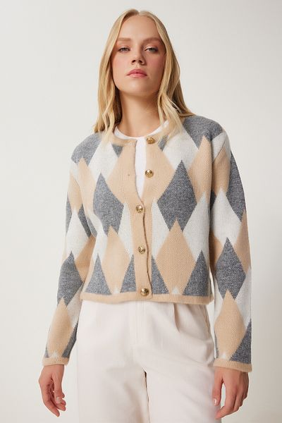 Happiness İstanbul Cardigan de damă, bej, gri, cu model diamantat, US00936
