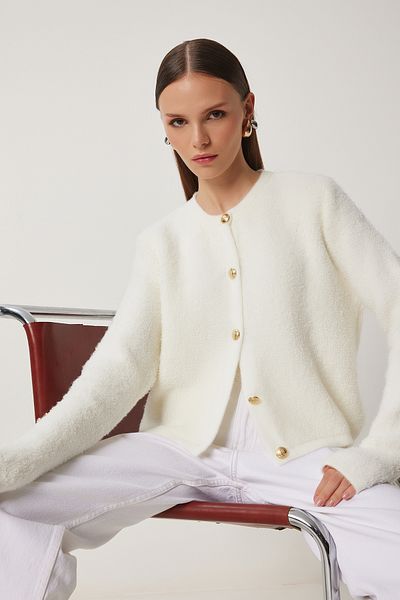 Happiness İstanbul Damen Strickjacke aus Bone Bouclé, Strickjacke, YY00117