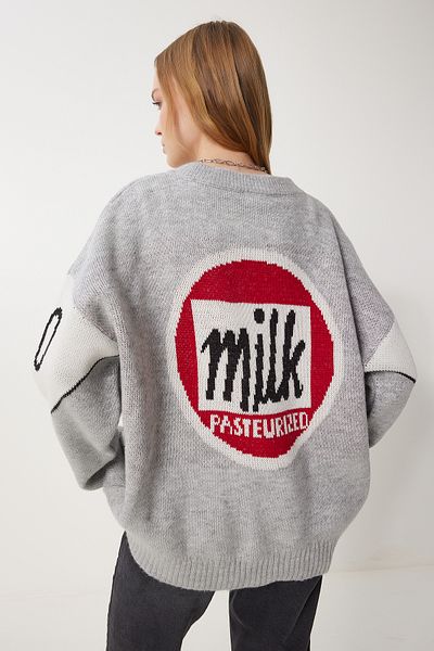 Happiness İstanbul Graue Slogan-Strickjacke für Damen, Strickjacke DP00218