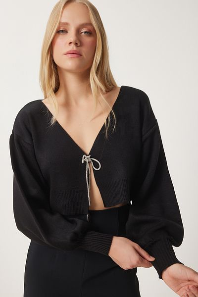 Happiness İstanbul Women's Black Jewelled Bow Tie Crop Knitwear Cardigan Ki̇00110