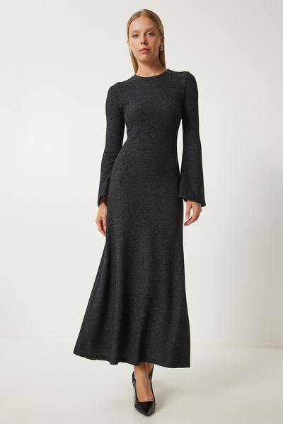 Happiness İstanbul Kadın Antrasit Bisiklet Yaka Saran Yün Örme Elbise RG00043