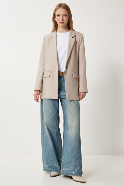 Happiness İstanbul Women's Beige Padded Woven Blazer Jacket Hl00005