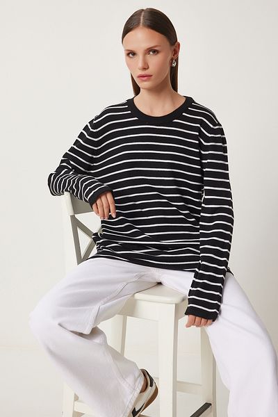 Happiness İstanbul Women's Black and White Striped Seasonal Knitwear Sweater Kb00041