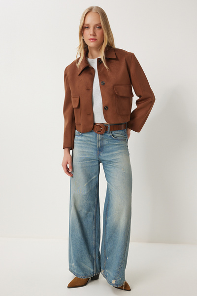 Happiness İstanbul Dámska hnedá semišová bunda so širokým vreckom Fk00011