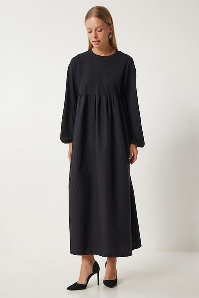 Happiness İstanbul Women's Black Flounce Balloon Sleeve Long Woven Dress Rg00044