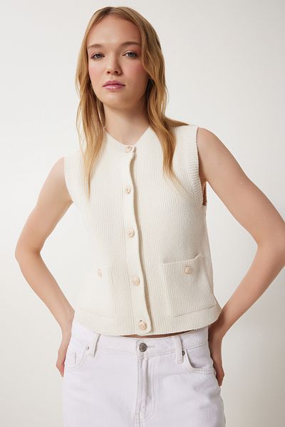 Happiness İstanbul Women's Ecru Stylish Buttoned Knitwear Vest with Pockets Ki̇00109