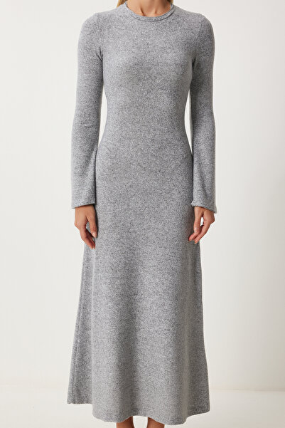Happiness İstanbul Kadın Gri Melanj Bisiklet Yaka Saran Yün Örme Elbise RG00043