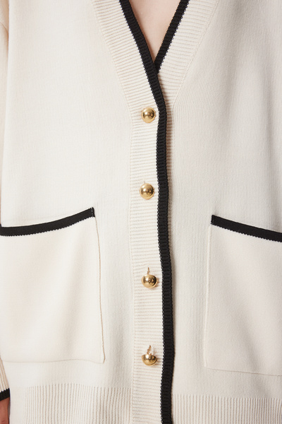 Happiness İstanbul Γυναικεία Ζακέτα Κρεμ Αντίθεσης Χρώμα Μακριά Πλεκτά US00934