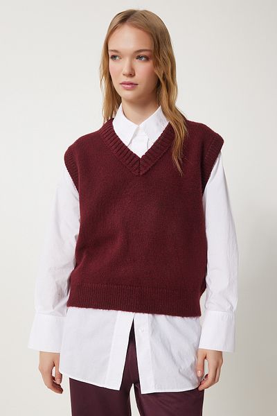 Happiness İstanbul Women's Burgundy V-Neck Knitwear Sweater Pf00099