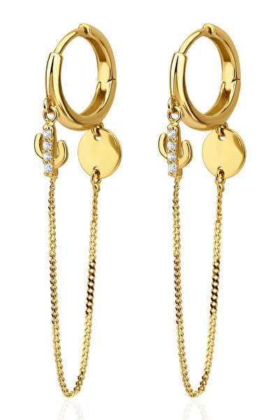 Fiyonk Kuyumculuk 14 Ayar Altın Taşlı Kaktüs Sallantılı Küpe