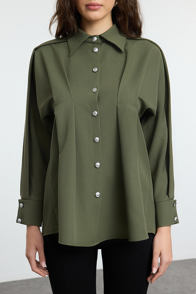 Trendyol Modest Khaki Pleated Detailed Woven Shirt Tctaw25Tg00007