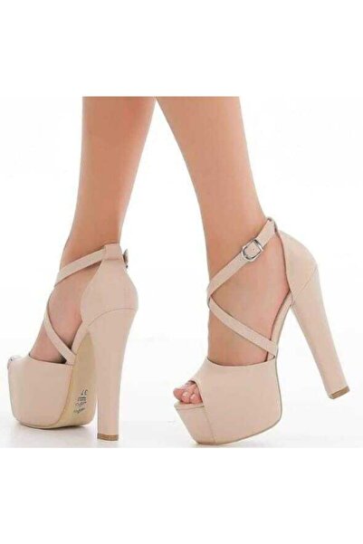 Tarz Women's Thin Strap Ankle Strap Leather Nude Colored Platform Heeled Shoes