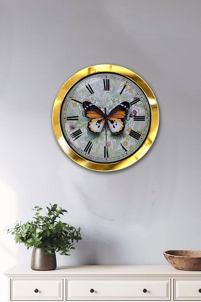 Kasva Concept Gift 36 cm Gold Metal Butterfly Wall Clock