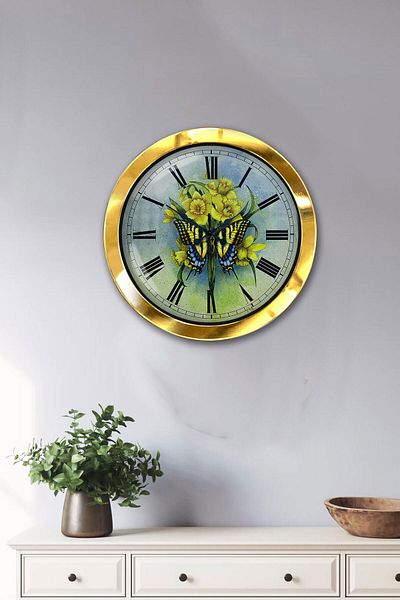 Kasva Concept Gift 36 cm Gold Metal Butterfly Wall Clock