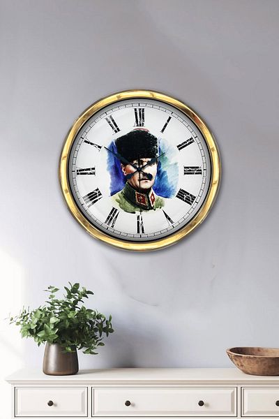 Kasva Concept Gift 40 cm Gold Metal Ataturk Wall Clock