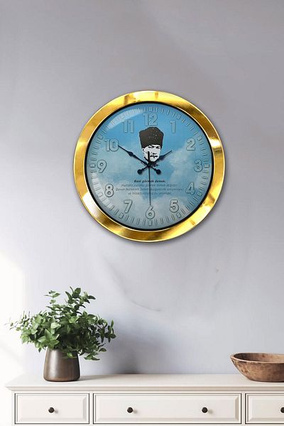 Kasva Concept Gift 36 cm Gold Metal Ataturk Wall Clock